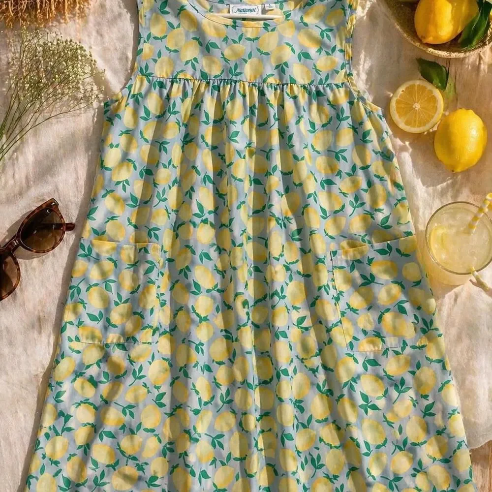 Lemon Print Mini Dress Cottagecore Summer Pocket Dress Blue Yellow Size L - Picture 1 of 8